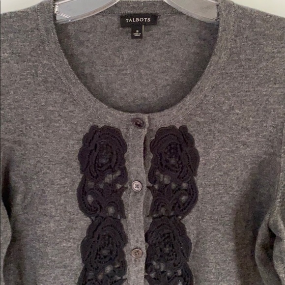 Talbots Sweaters - TALBOTS grey cardigan black lace floral appliqué
